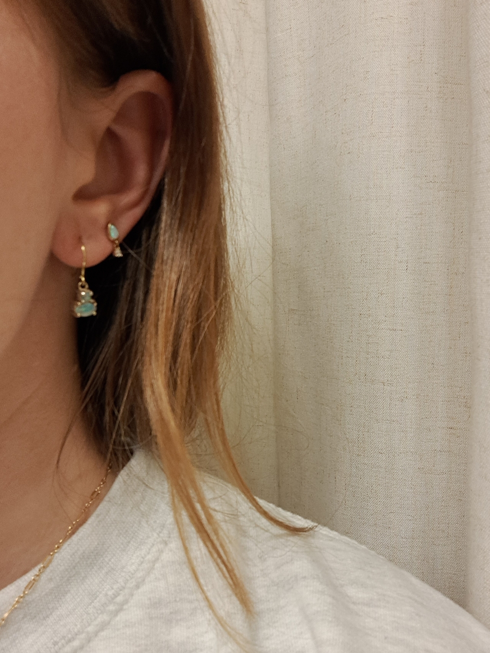 Gold Opal Diamond CZ Stud Dangle Earrings - Women Jewelry